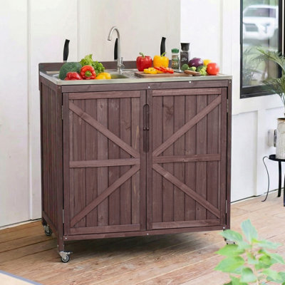 Îlot de cuisine 39,4 po avec évier, évier de cuisine d'extérieur avec évier en acier inoxydable 304, raccord de tuyau et robinet, armoire de cuisine d'extérieur avec dosseret et 4 roulettes pour la préparation de pizza