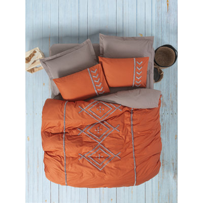 Ensemble de housse de courtepointe Luxury Ranforce, 100% coton, 78,7 po x 86,6 po Luxury | Comprend 2 taies d'oreiller et 2 taies d'oreiller Oxford, tuile rouge et beige | Lavable à la machine, impression réactive, fermeture à boutons pour un style élégant
