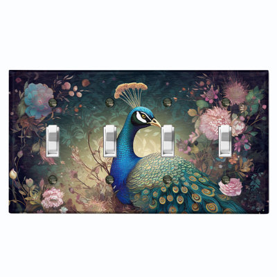 Blue Elegant Peacock Pink Flowers 4 - Gang Toggle Light Switch Standard Wall Plate