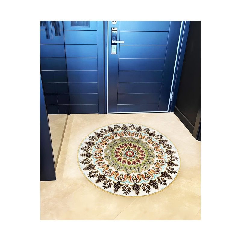 Tapis rond rond multicolore à motif tissé antique lavable à la machine, Rond 4 pi 11 po