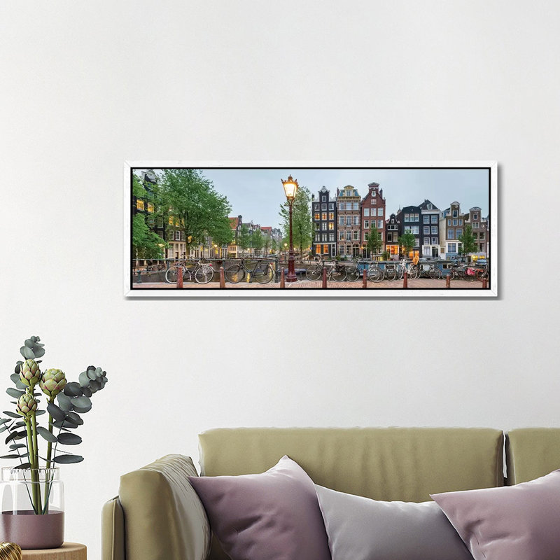 Cityscape I, Amsterdam, North Holland Province, Netherlands - No Frame Panoramic Print on Canvas, White Floater Framed