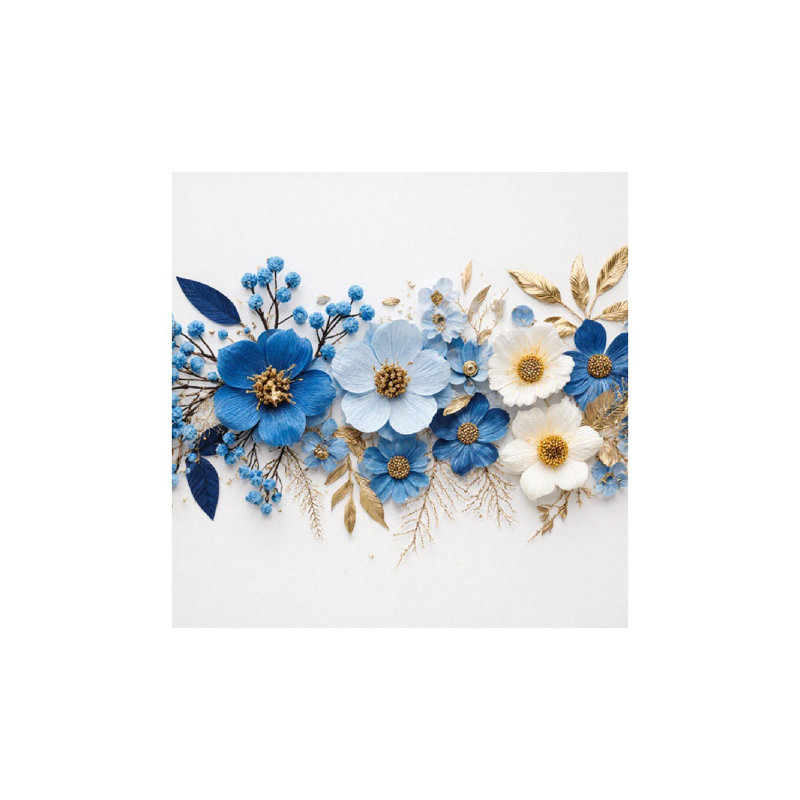 Arrangement floral bleu et blanc, cadre en bois intégré, 16 x 16 po