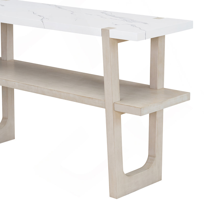 Retro Elegant Console Table with Marble-Effect Top, Gray Wash