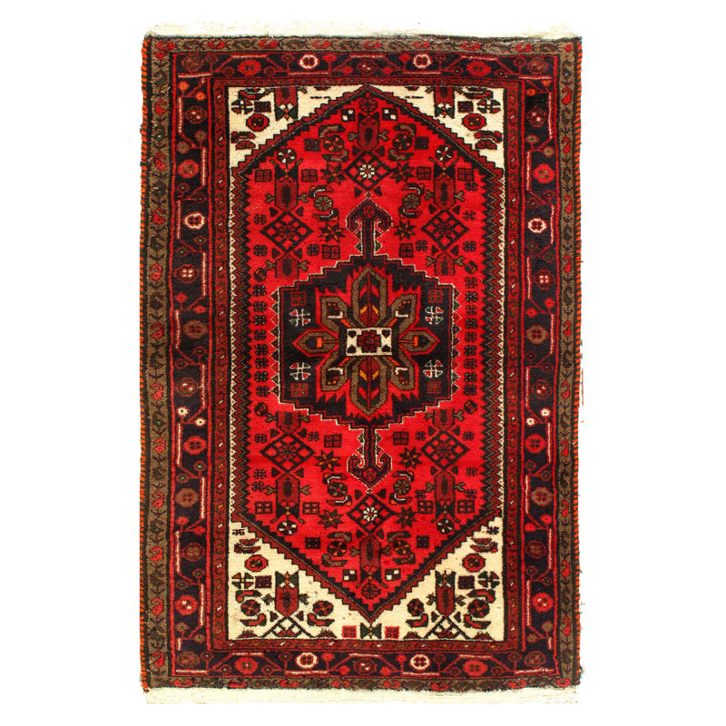 Tapis unique en laine noué à la main de style années 1970 de 5 pi x 3 pi 4 po en rouge / noir / brun