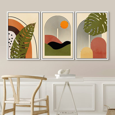 Mid Century Modern Boho Tropical Palm Leaf - 3 Piece Floater Frame Graphic Art Set on Canvas