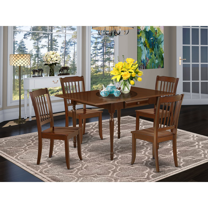 5 Piece Kitchen Table & Chairs Set Includes a Rectangle Dining Table with Dropleaf and 4 Dining Room Chairs, Mahogany