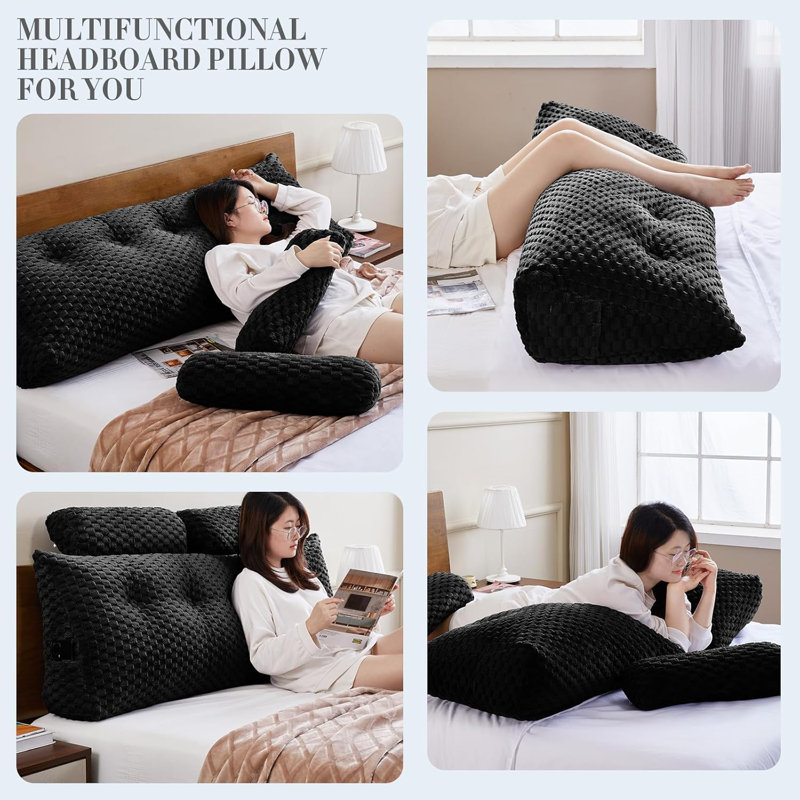 Velet Wedge Bed Rest with Head Roll Pillow, Black, Triangular 20"H x 71"W