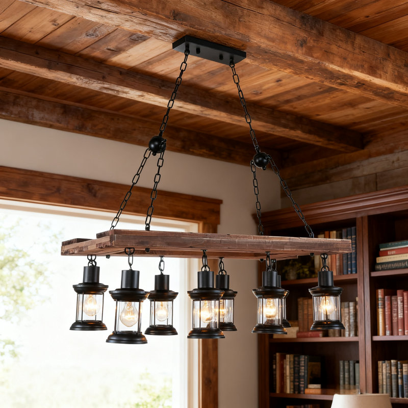A-frame Vintage Wooden 8-light Pendant Lamp - Adjustable Length / E26 Base / Wall Switch