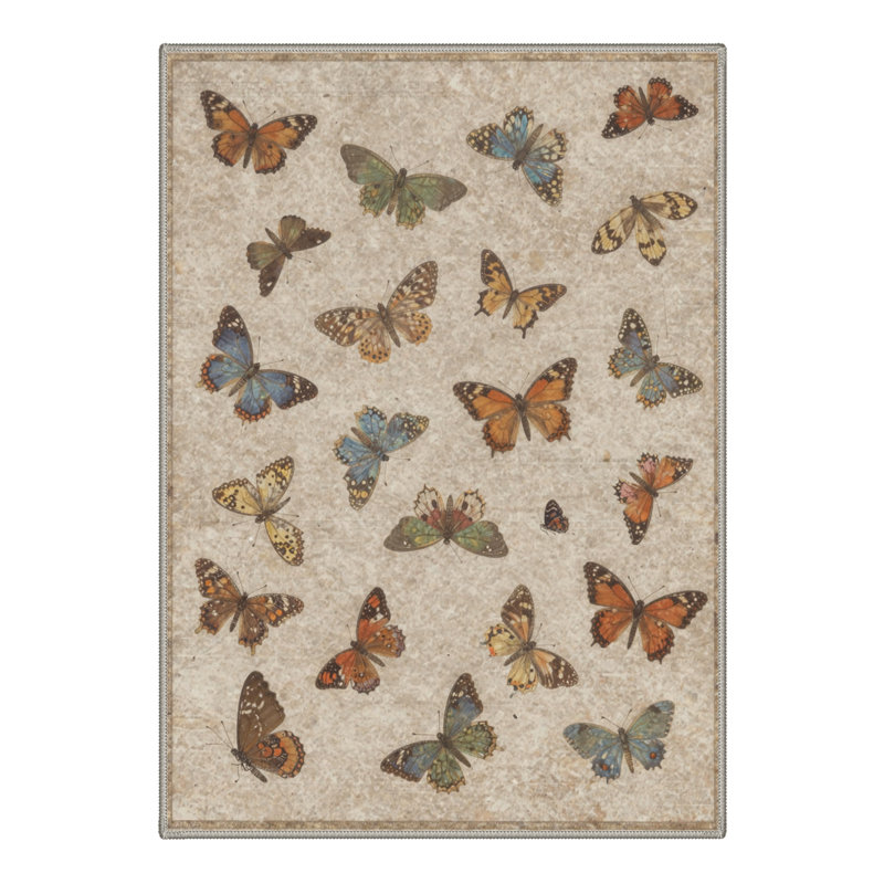Adaline Novella Vintage Butterflies Machine Washable Beige / Brown Indoor Area Rug with Non-Slip Backing, Rectangle 8' x 10'