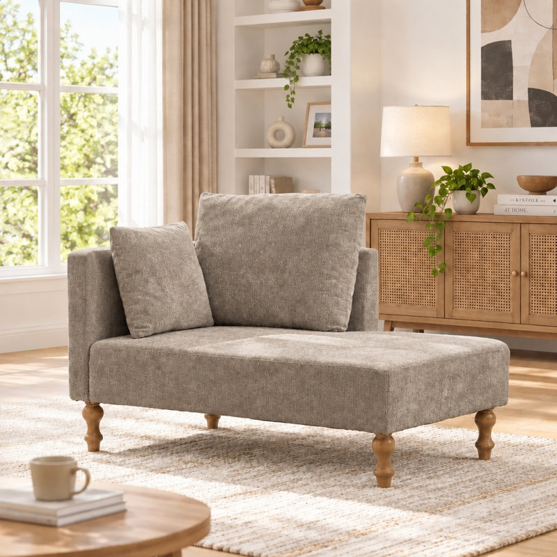 Chaise longue modulaire en velours côtelé rembourré avec accoudoirs et deux coussins, Taupe, 0