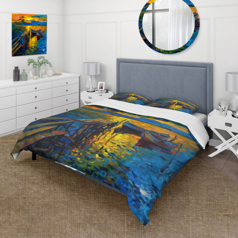 «Boat Pendant Evening Glow At The Lake II» - Ensemble de housse de couette nautique et côtier - Polyester en microfibre