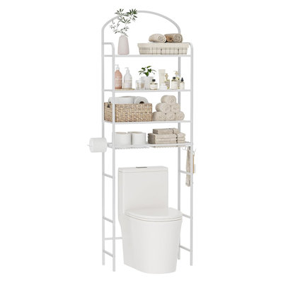  Rangement au-dessus de la toilette à 4 niveaux, support de rangement pour toilette au-dessus de 72 po de hauteur avec 4 crochets et porte-papier, rangement pour salle de bain, tablette en métal peu encombrante, blanc