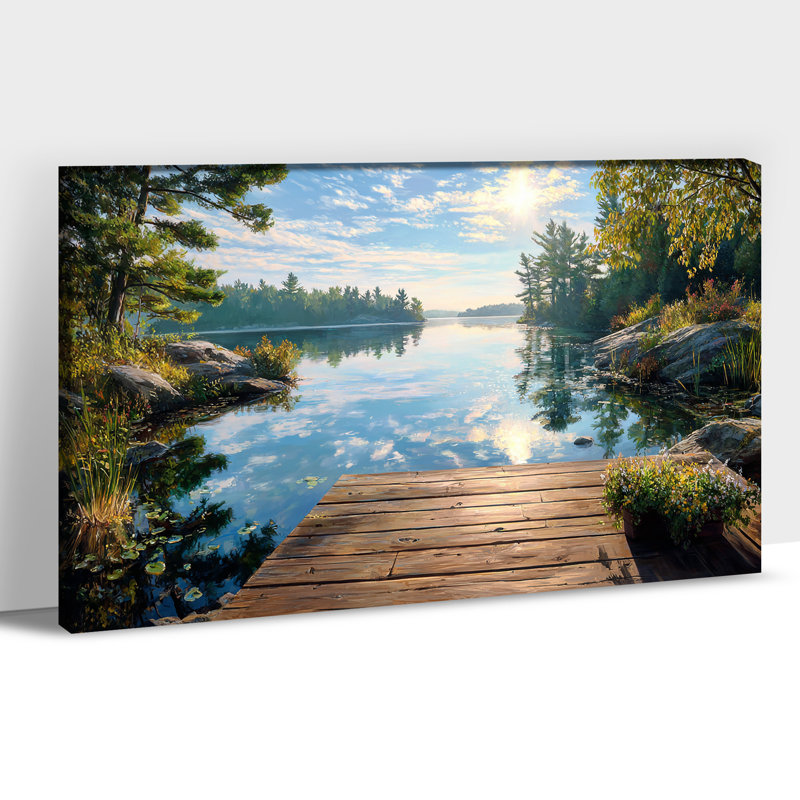 «Lakeside Sunrise», art mural sur toile - ferme rustique, peinture de paysage, campagne rétro, impression sur toile tendue à la galerie pour le salon, la chambre à coucher, le bureau, la maison, 16 po x 32 po