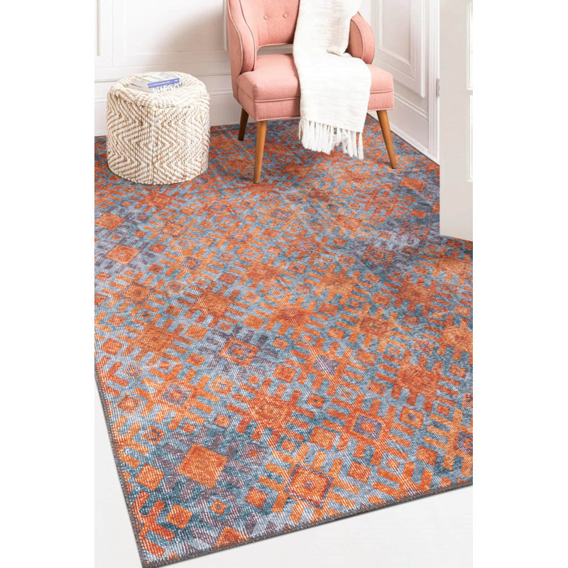 Tapis décoratif à motif géométrique orange et bleu, Rectangle 9 pi 11 po x 13 pi 2 po