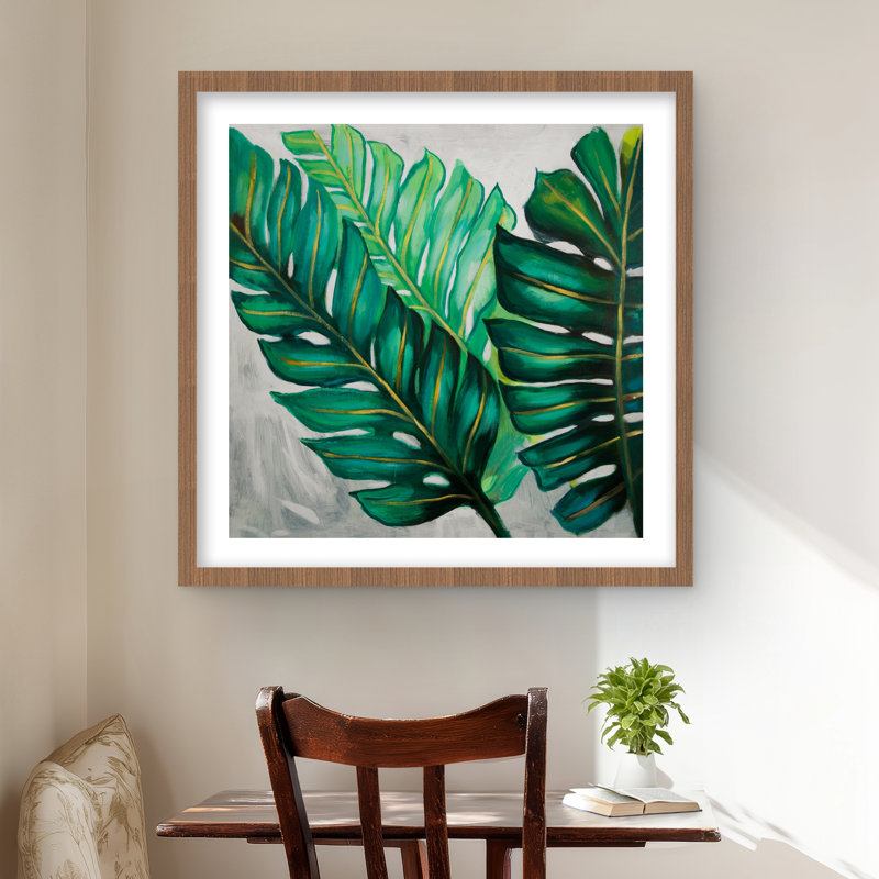 Trois grandes feuilles de plantes exotiques - impression encadrée avec passe-partout