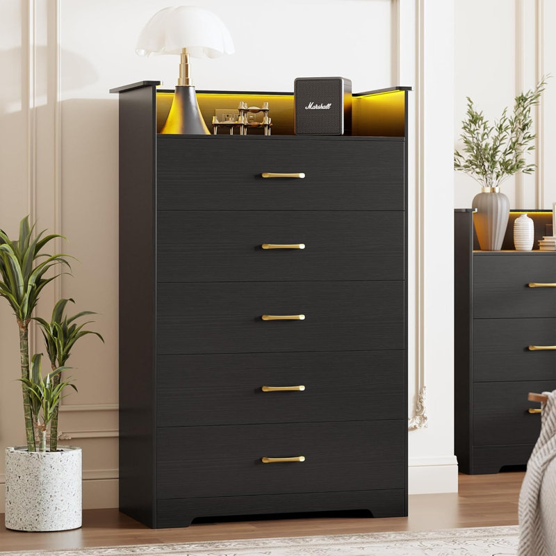 5-Drawer Dresser with LED Lights & Charging Station – 51” Tall Vertical Chest with Open Shelf, Power Outlet & USB Ports – Modern Storage Cabinet for Bedroom, Living Room, Entryway, Black