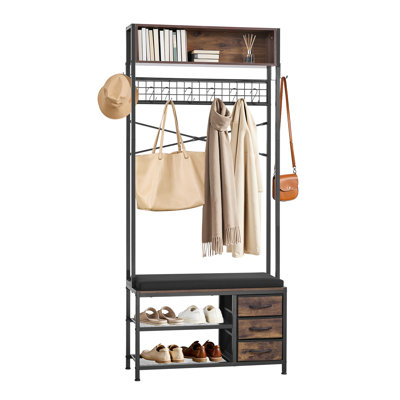 Hall Tree, 70.9 in Coat Rack with Shoe Bench & 3 Drawers, 3-in-1 Freestanding Shoe Rack Storage Organizer with Bookshelf & Wire Shelf, Steel Frame Entrance Coat Holder for Entry, Bedroom, Closet