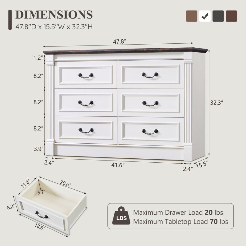 Commode 6 tiroirs Burlington Farmhouse, Brun / blanc rétro