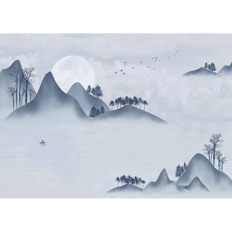 Papier peint amovible monochrome avec vue sur la montagne, L 114 po x l 204 po