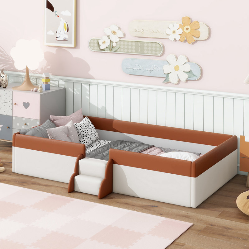 Lit plateforme tapissier avec escalier, Simple, Brun