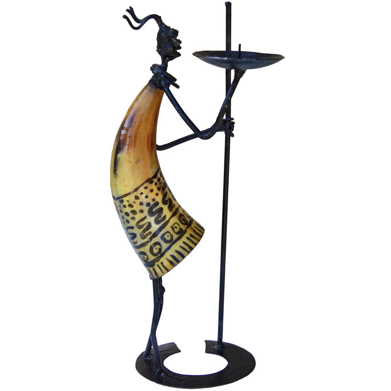Vintage Hand-crafted West-african Candleholder Figurine W/ Horn Hues