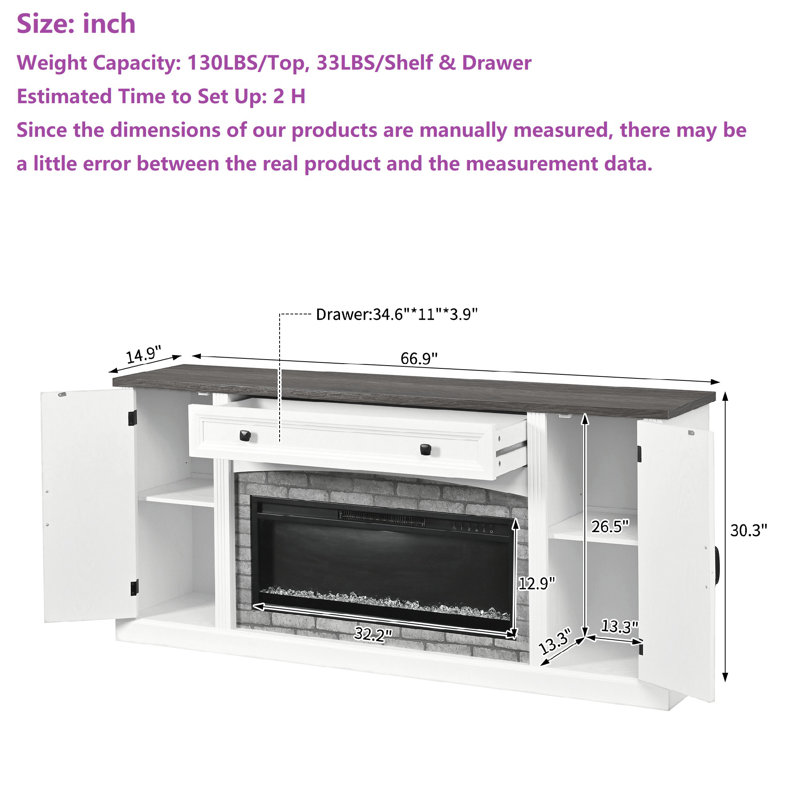 Elegant Design, Tv Stand For Tvs Up To 70", Electric Fireplace Included, Yes, White
