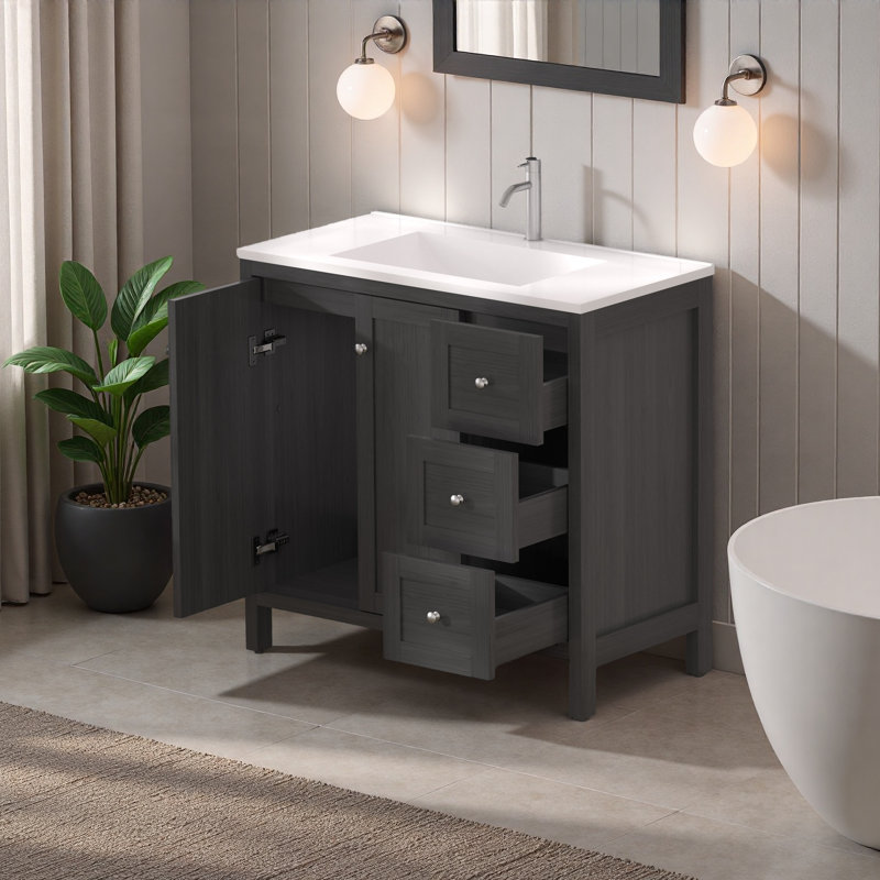 Armoire de meuble-lavabo moderne 35,5 "avec lavabo intégré - rangement de salle de bain noir muni de portes à fermeture douce et de 3 tiroirs Munich