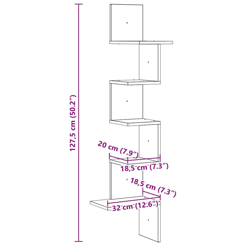 Tablette d'angle 5 pièces Aydali, Chêne artisanal, H 50,2 po x l 12,6 po x P 12,6 po