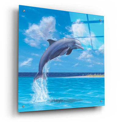Dovecove 'Blue Water Dolphin' By Chris Dobrowolski, Acrylic Glass Wall Art, 12""X12 -  5D77411A6A624125A6065B20BDFA6BBE