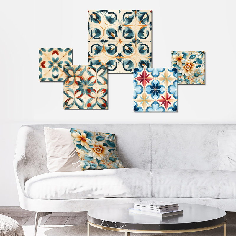 Carreaux marocains bleus rétro Dream I - ensemble de 5 décorations murales damassées