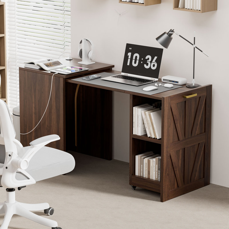 Extendable Folding Desk with Storage Shelf and Charging Station, Foldable Study Table for Small Spaces, Home Office, Dorm Room, Multi-Functional Computer Desk, Walnut