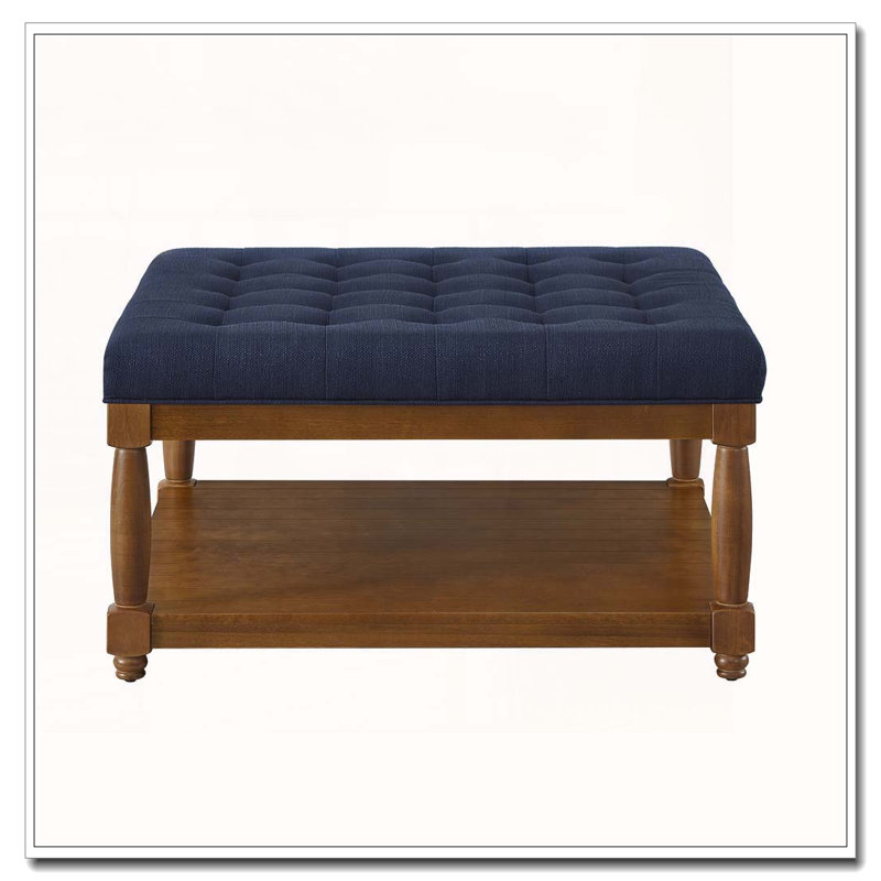 Upholstered Tufted Linen Ottoman Coffee Table, Navy Blue, Square