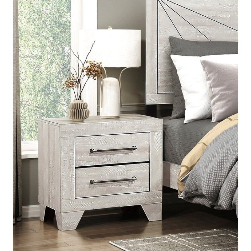 Contemporary Nightstand In Grey Oak With 2 Drawers And Silver - Tone Handles For Bedroom Decor