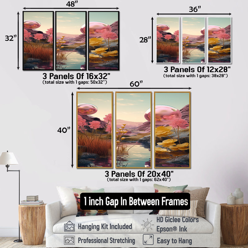 Pline - ensemble de décoration murale paysage abstrait, Cadre flottant doré, H 40 po x l 60 po x P 1 po