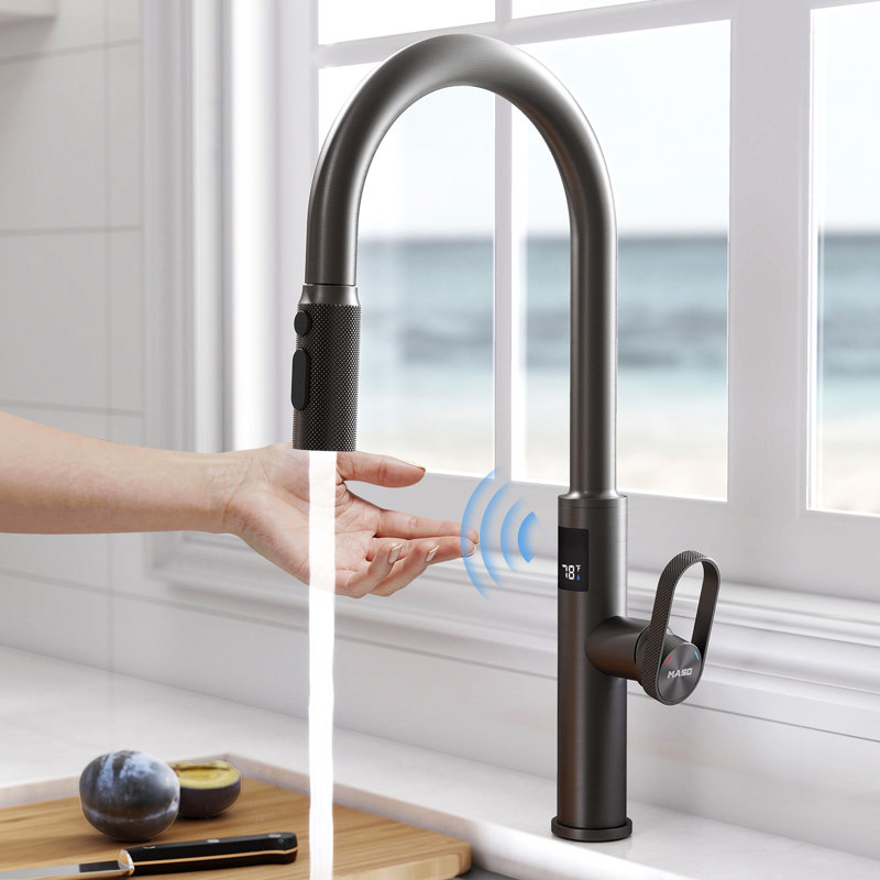 MASO Touchless Kitchen Faucet with Pull-Down Sprayer, Fahrenheit Temperature Display, 3 Spray Modes, 360° Swivel, Commercial Modern Faucet for RV, Farmhouse, Camper, Laundry & Bar,Brushed Gray