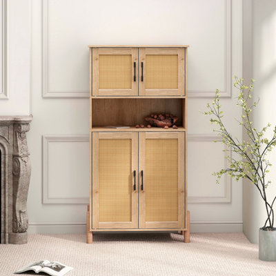 Armoire de rangement Mid-Century moderne à 4 portes avec portes en rotin tissé et tablettes réglables - parfaite pour le salon et la salle à manger