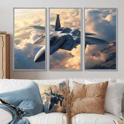 Avion de chasse en action au-dessus des nuages - ensemble de salon d'art mural