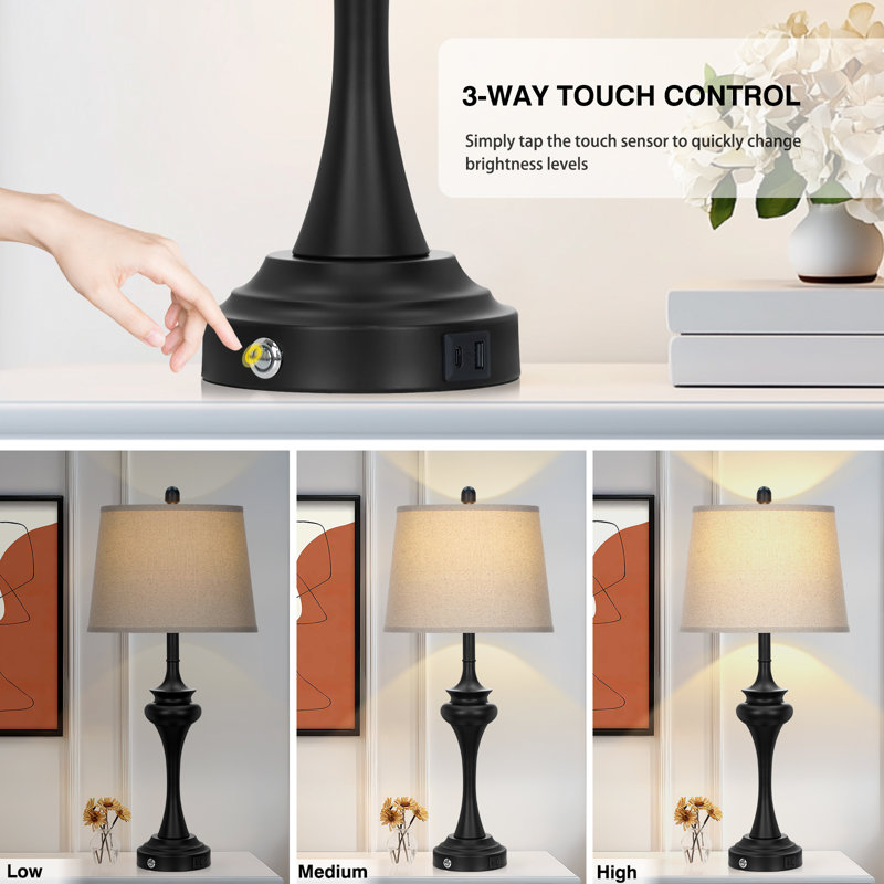 Modern 30'' Black Table Lamp Set with USB & Type-C Ports, Oatmeal Linen Shade, Black