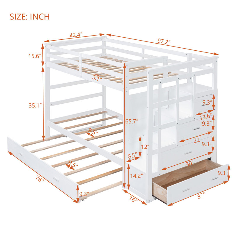 Lit superposé avec lit gigogne, escalier de rangement et tiroirs - Structure en bois massif pour enfants et adolescents