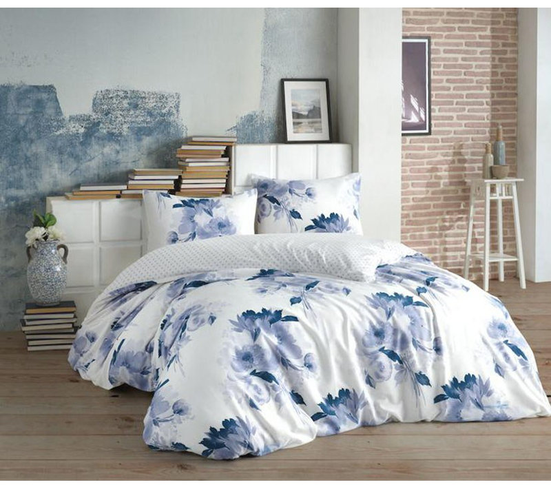 Ensemble de housse de couette de qualité supérieure Ranforce King, blanc et bleu foncé, 94,5 x 86,6 pouces | 100% coton, contexture de 140 fils | Lavable à la machine, enveloppe et fermeture à boutons, literie douce et durable pour une expérience de sommeil luxueuse