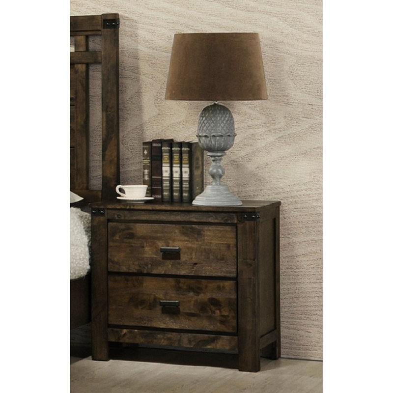 Table de chevet 2 tiroirs en bois massif brun rustique avec tiroirs robustes