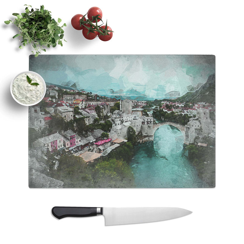 Tempered Glass Stari Most Bridge Chopping Board, 39 cm W x 28.5 cm L