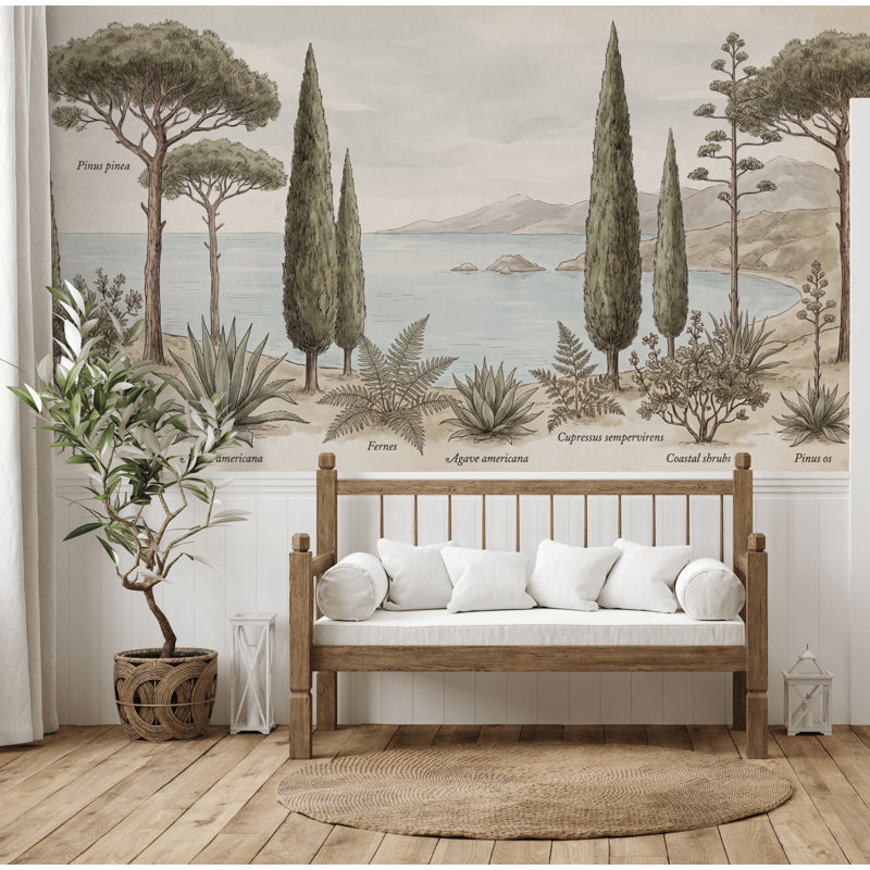 Papier peint côte méditerranéenne Illustration botanique vintage sur plaque botanique, 160 po x 108 po, Non tissé