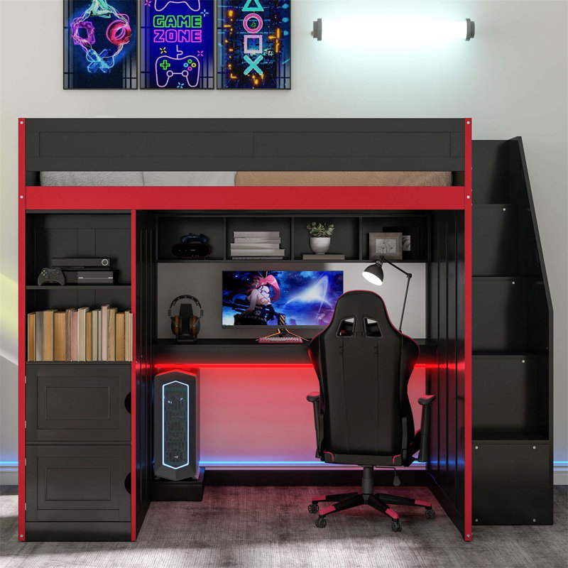 Twin-Sized Gaming Loft Bed With Integrated Desk, Ample Storage Compartments, And Customizable LED Lighting For Optimized Space Use.