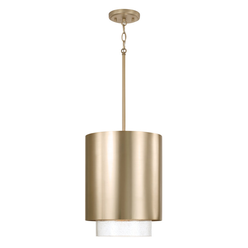 11.50"W x 19.50"H 1-Light Cylindrical Metal Pendant with Seeded Glass, Matte Brass
