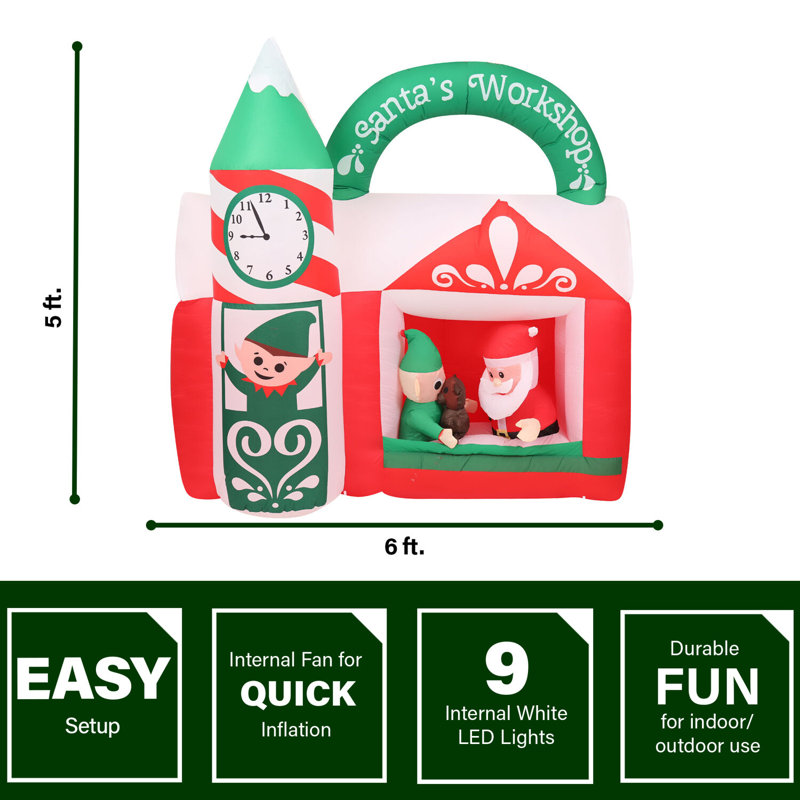 6 pi. Vaste atelier du Père Noël gonflable pré-éclairé, 6 pi