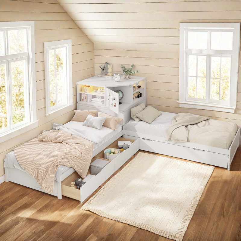 L-Shaped Daybed With Trundle And Drawers, White