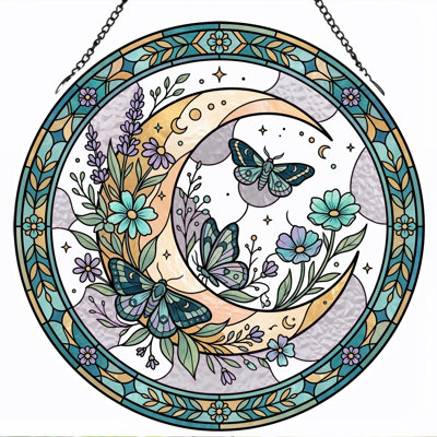 Vitrail de lune vitrail papillons ， 7,8H