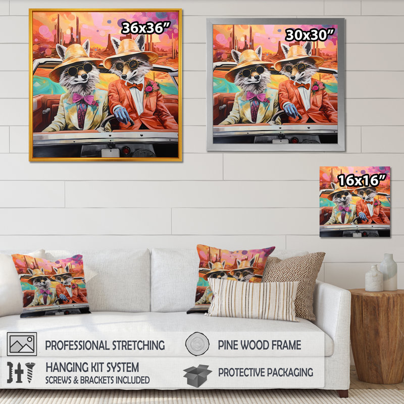 «Adventurous Foxes Drive III» - art mural animal renard, H 36 po x l 36 po x P 1,5 po, Cadre flottant doré