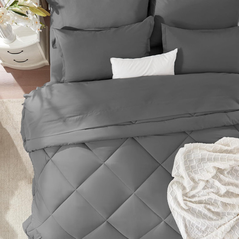 Ensemble d'édredon doux, housse de couette en duvet synthétique et taies décoratives, Double, Carreaux gris